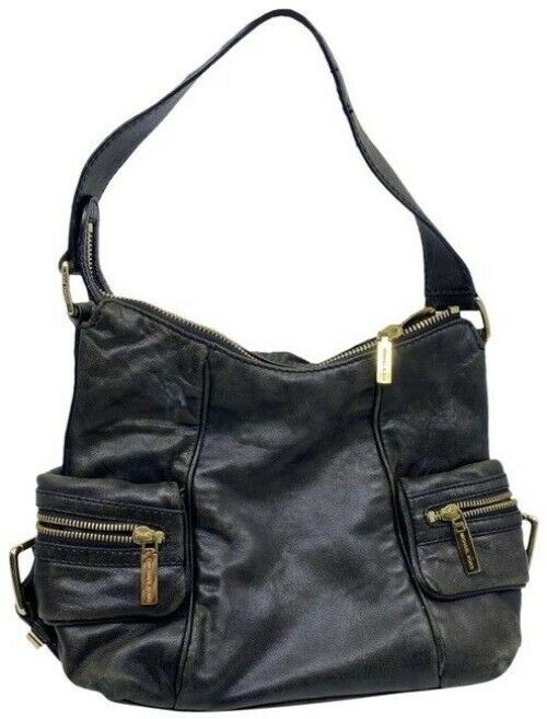 Michael Kors Side Zippers Blkack Leather Shoulder Bag