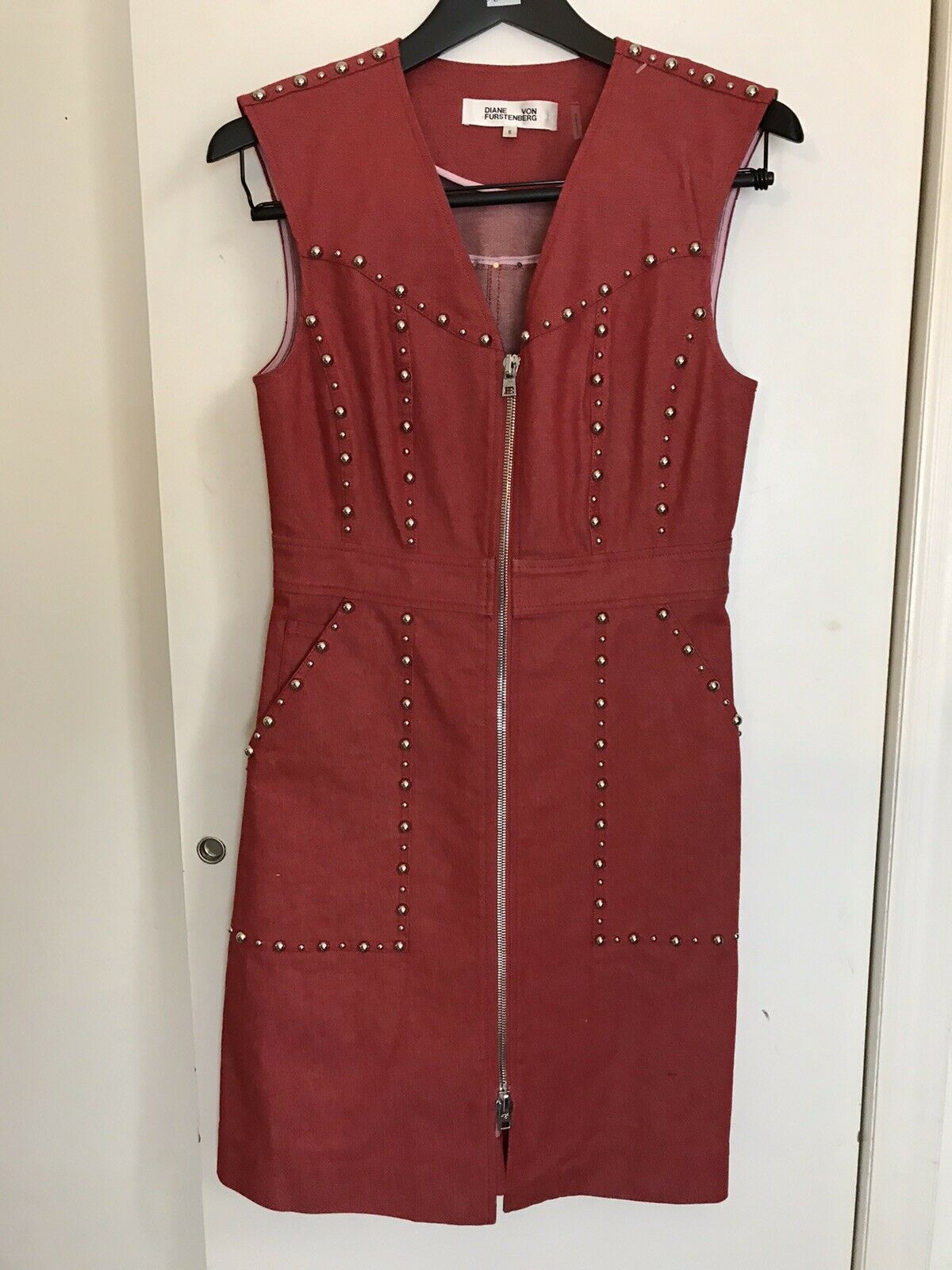 DIANE VON FURSTENBERG Red Denim Studded Dress sz 6