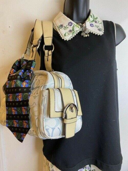 coach w all over logo w add on pooh tie white blue jacquard fabric tote