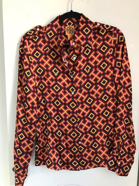 TORY BURCH All Over Logo Silk Top Size 6