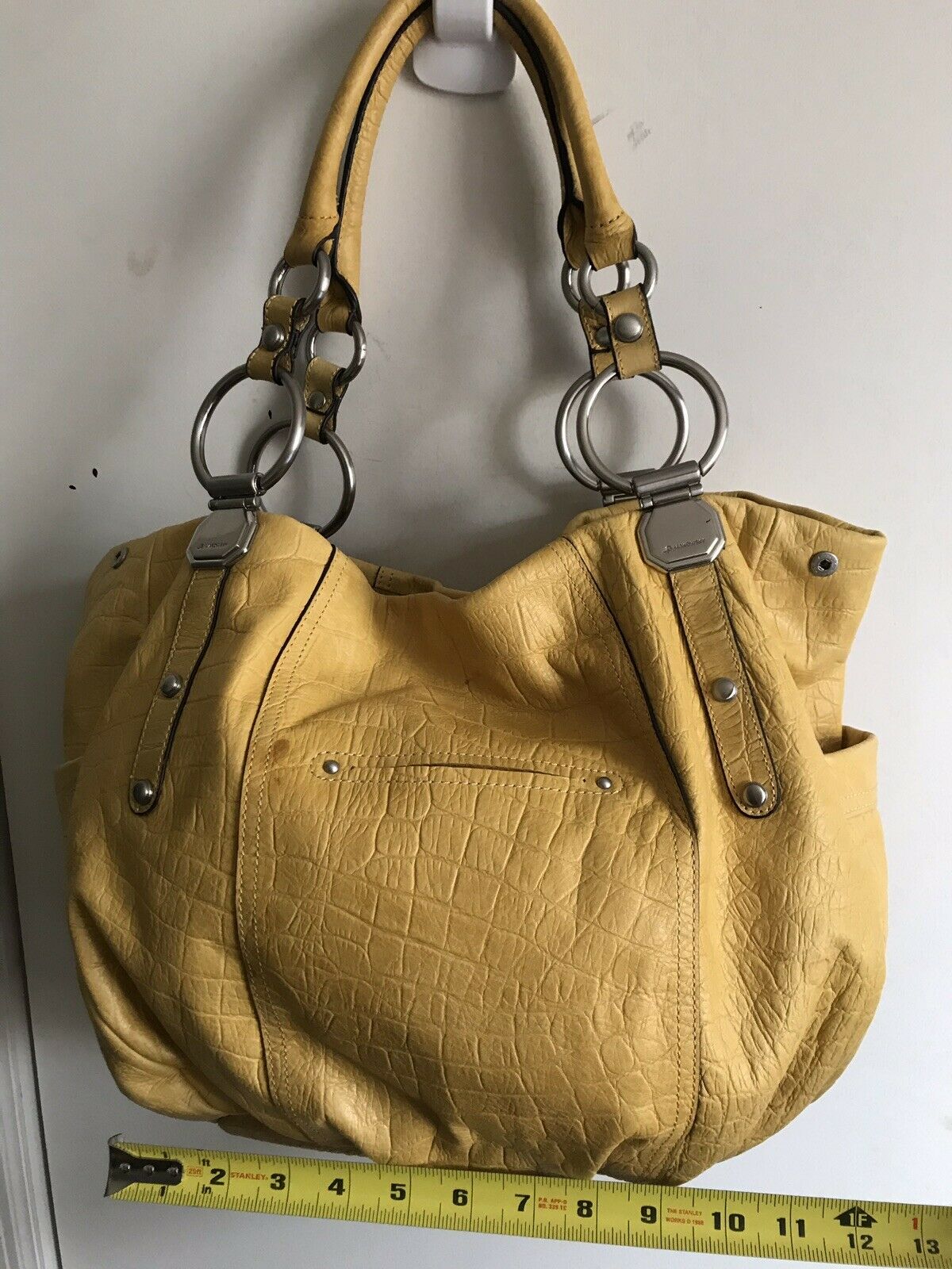 B Makowsky XLarge Yellow Leather Handbag With Silver O Ring Detail