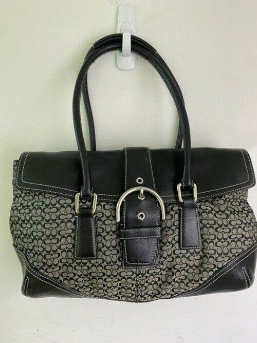 coach bag beige black fabric tote