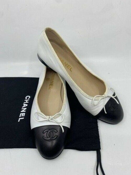 Chanel black white white leather cap toe ballerina flats size eu