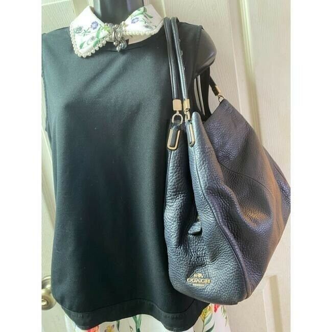 coach large eddie triple compartment navy leather shoulder bag