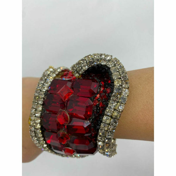 Rare! WENDY GELL 1985 Signed Red Be Jeweled Cuff Bracelet