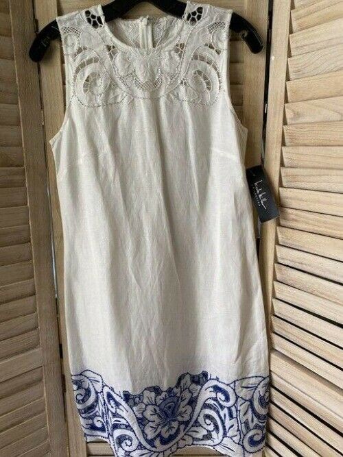 Nicole Miller white w linen w emroidery detail msrp short formal dress