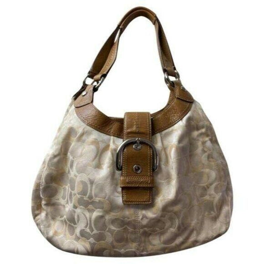 COACH Large White Tan Jacquard Fabric Tote Bag