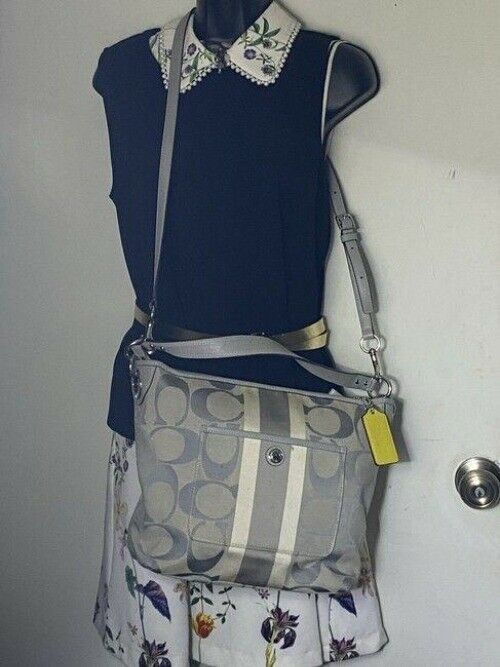 coach medium size gray jacquard fabric cross body bag