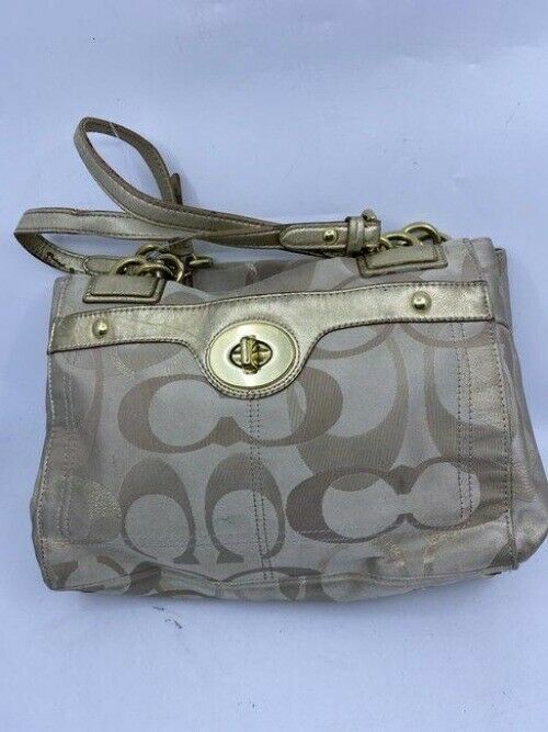 coach large gray gold fabric shoulder bag