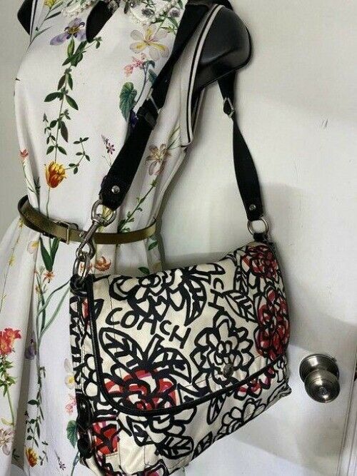 coach tote black white red fabric messenger bag