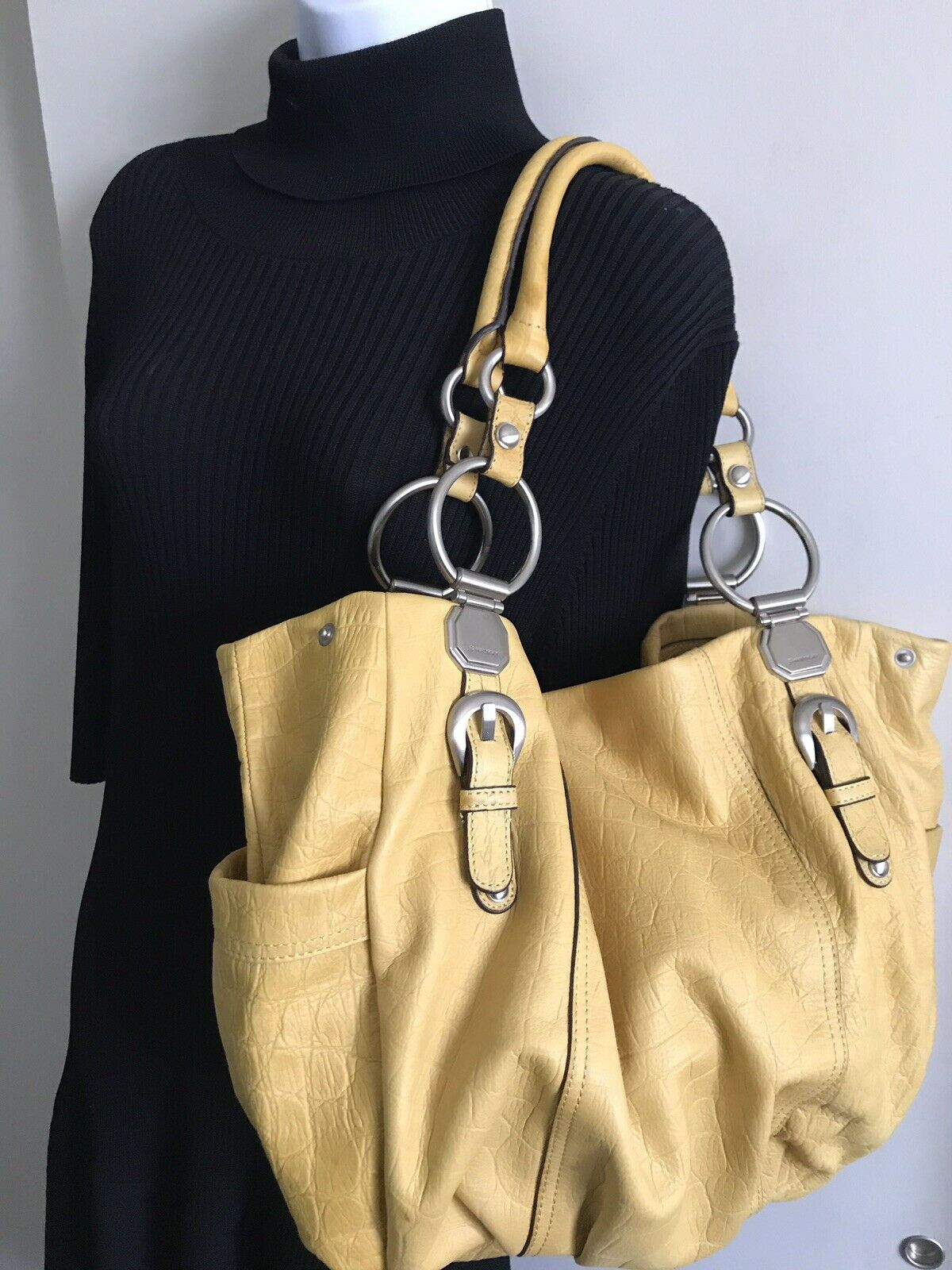 B Makowsky XLarge Yellow Leather Handbag With Silver O Ring Detail