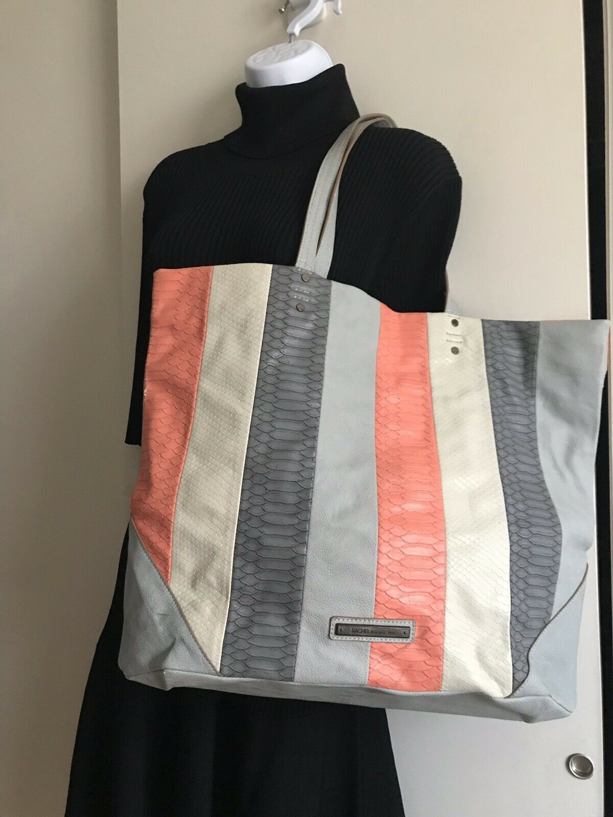RACHEL ROY Extra Large Faux Leather Blue/Grey/Coral Tote