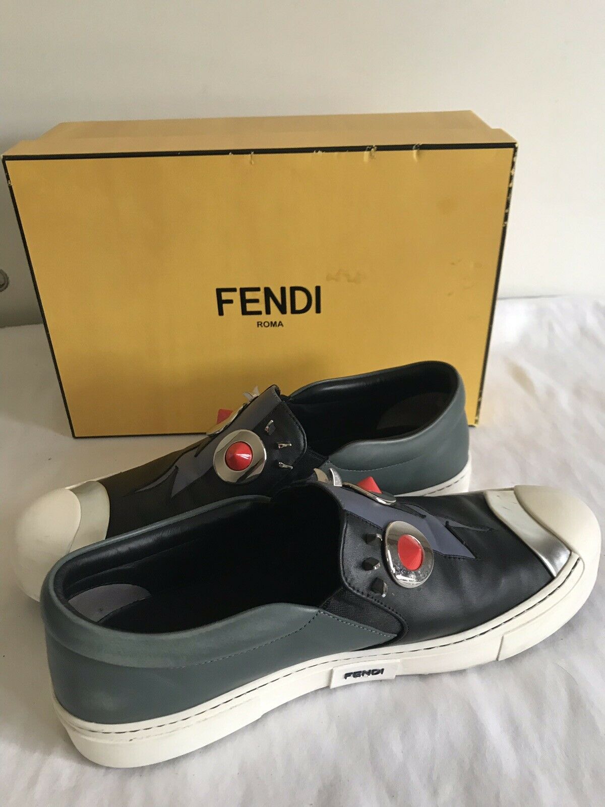 Fendi Studded Monster Face Slip On Sneakers