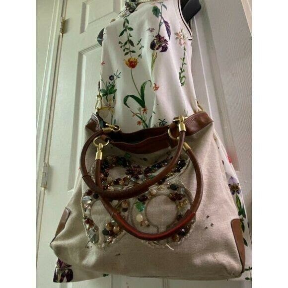 COACH Large Tan Brown Jacquard Fabric Tote Bag