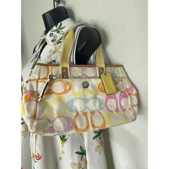 Coach Women's White Yellow Medium Fabric Tote Bag