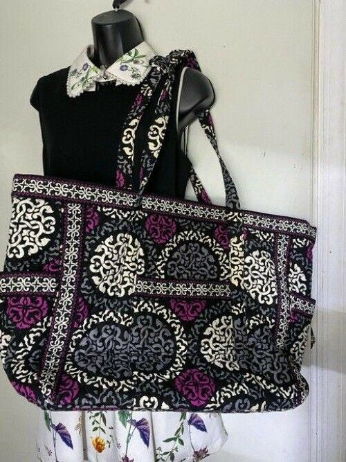 vera bradley bag quilted black purple white fabric tote