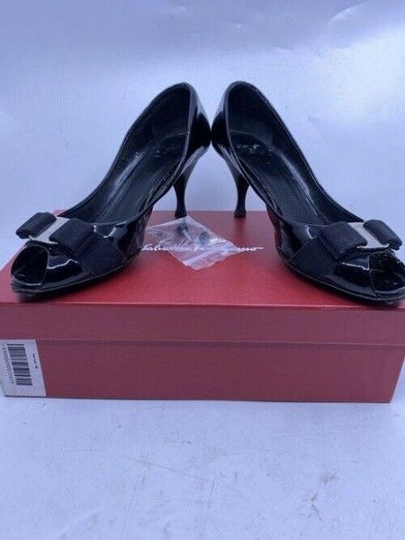 Salvatore Ferragamo Black Ribes Open Toe Bow Pumps Size Us