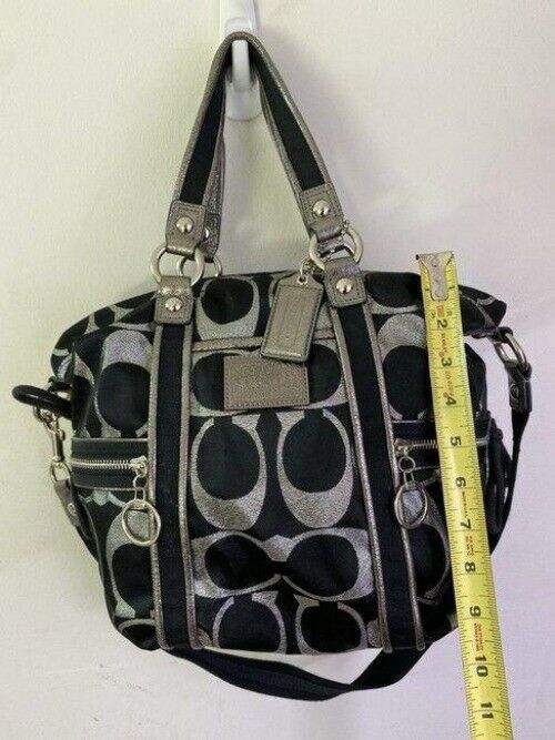 coach bag silver black fabric tote