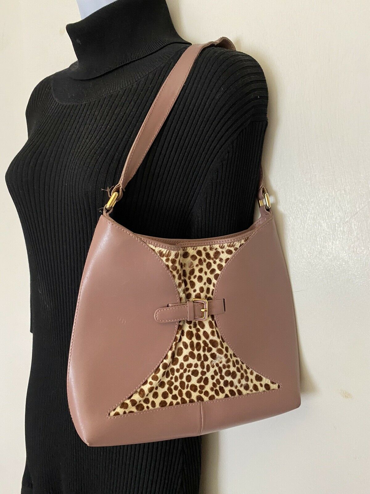 FURLA Pink Leather Animal Print Fur Contrast Handbag