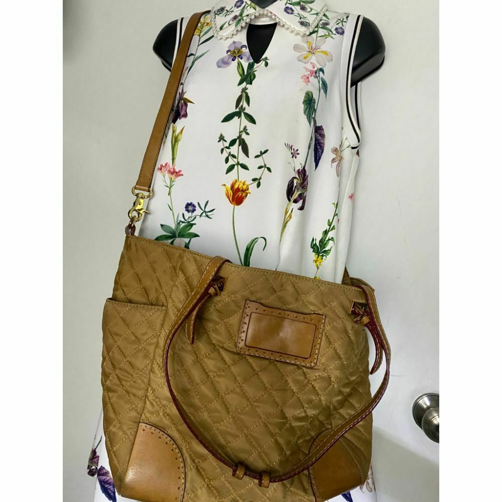 MZ WALLACE XL Light Brown Quilted Tote Bag w/ Leather Trim And Crossbody Strap