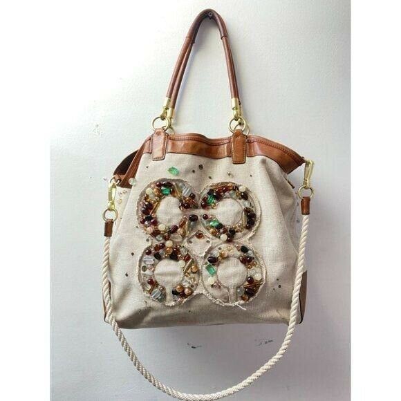 COACH Large Tan Brown Jacquard Fabric Tote Bag