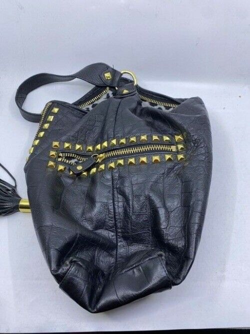 Betsey Johnson Large Studded Zippered Black Leather Shoulder Bag