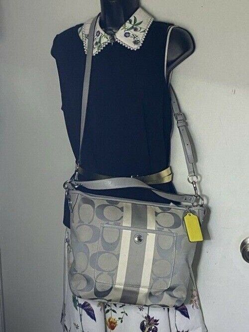 coach medium size gray jacquard fabric cross body bag