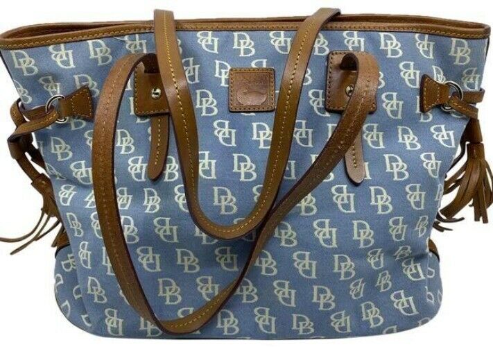 Dooney and bourke shopping large blue white brown fabric tote