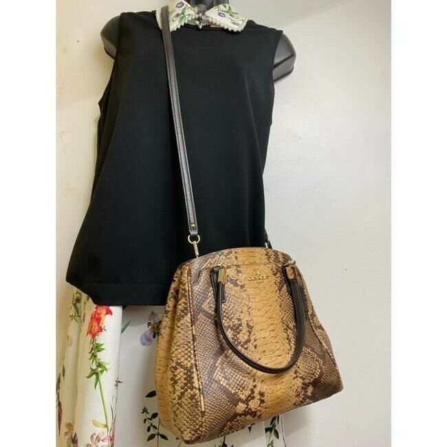 coach snake embossed print handbag beige brown leather cross body bag