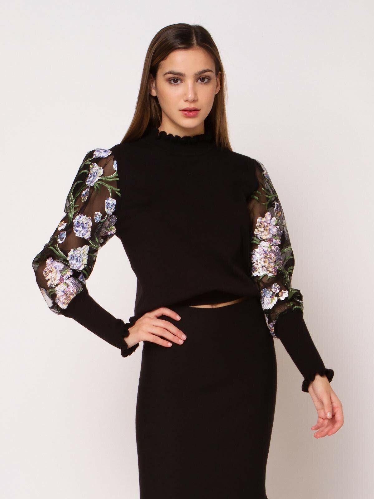 NWT! GRACIA Black LS knit Top W/ polka Dot S/M/L