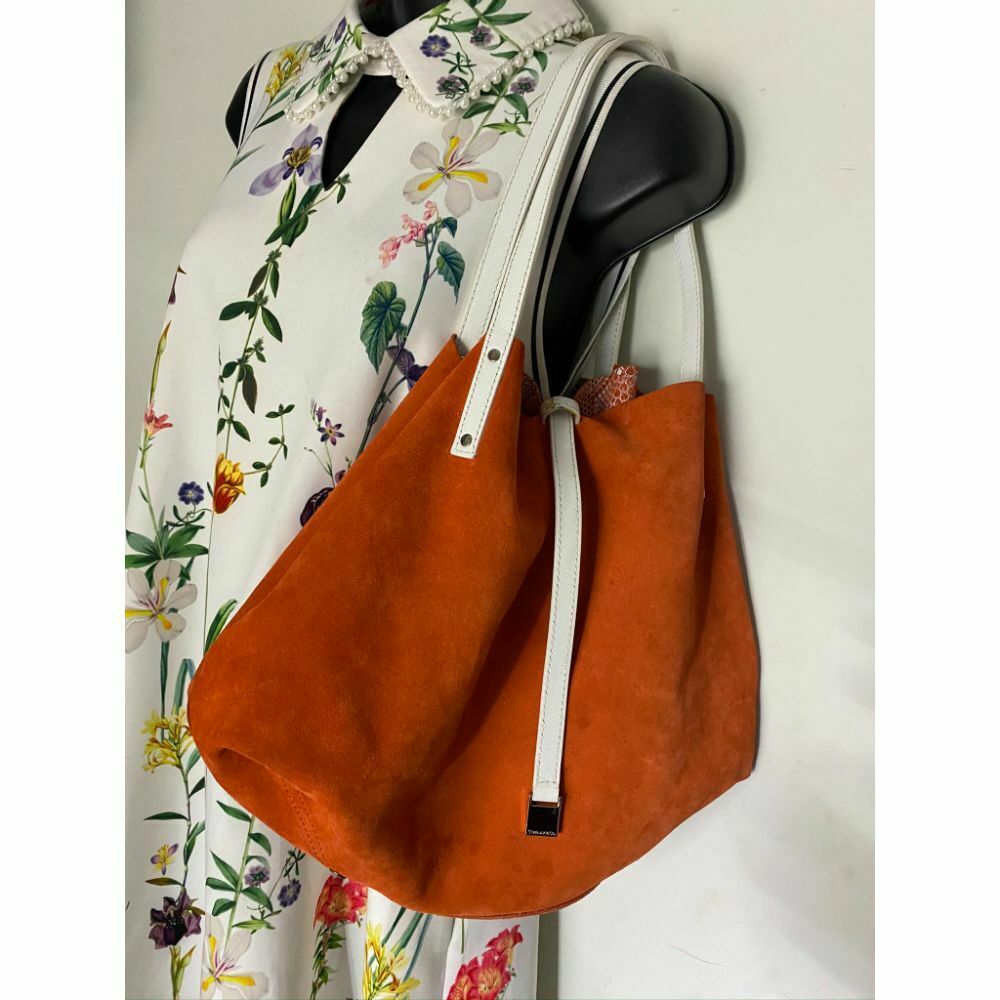 695 Tiffany and Co. Reversible Large Tote Bag Orange Suede and Snake Print Design
