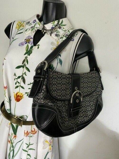 coach medium material black beige fabric shoulder bag