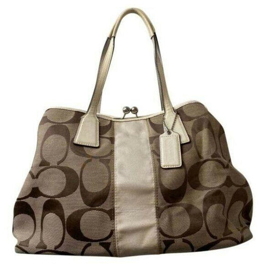 COACH Large Tan Brown Jacquard Fabric Tote Bag