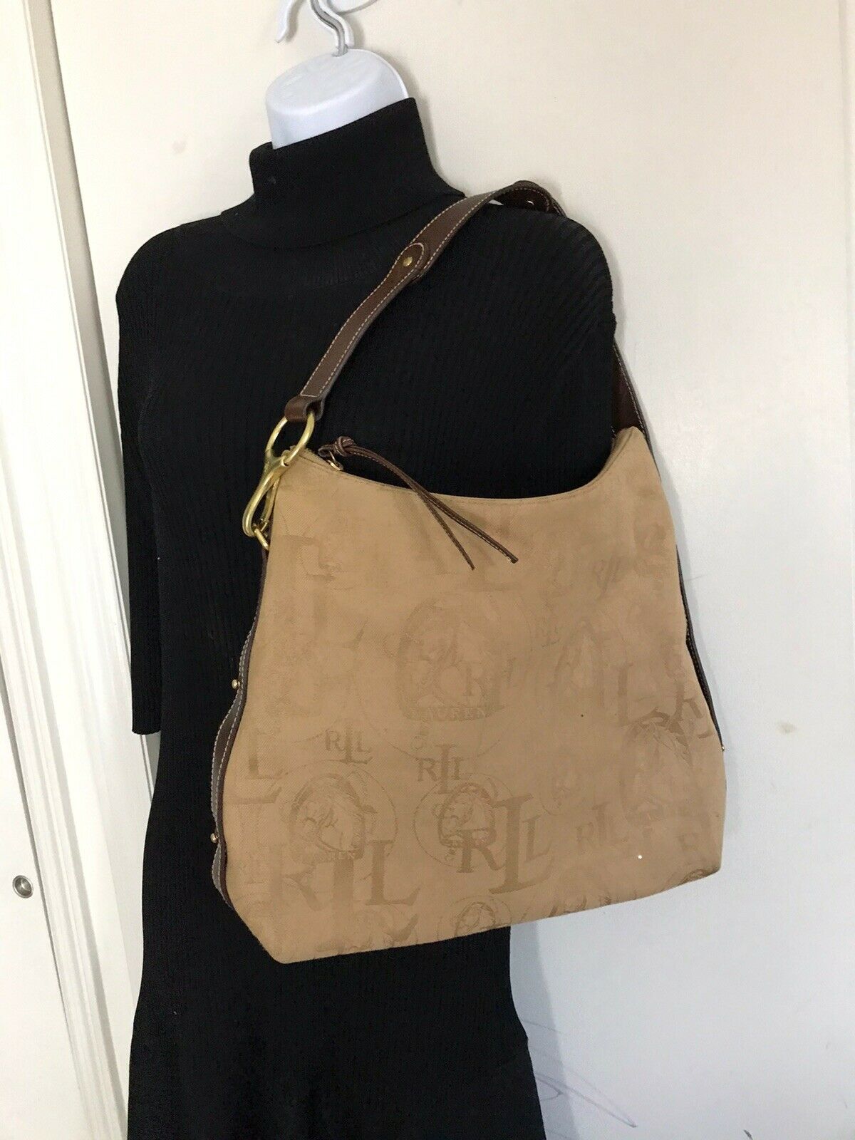 RALPH LAUREN Medium Brown Fabric Logo Tote