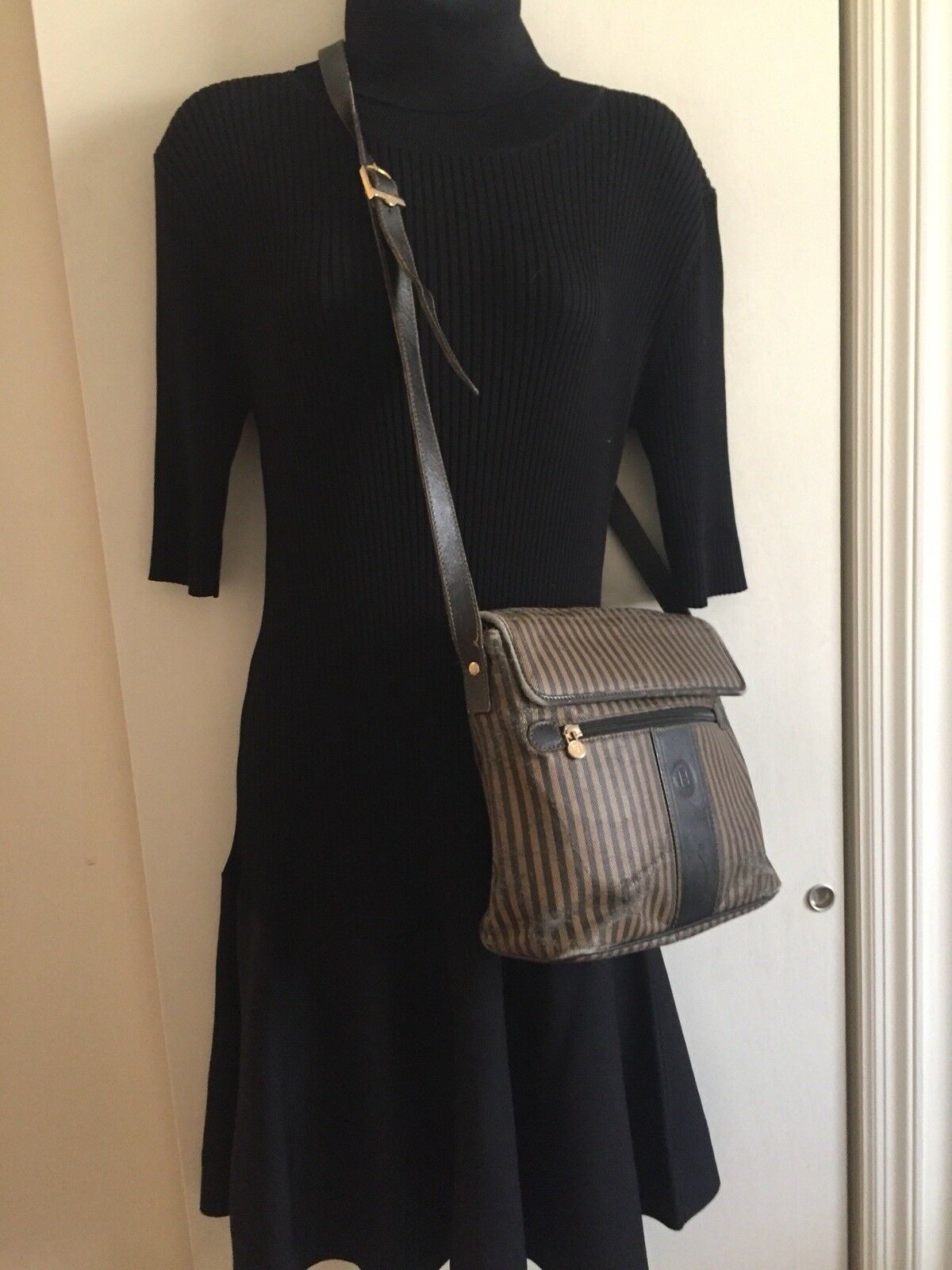 Vintage FENDI Brown/ Mahogany Stripe Flap Crossbody Bag