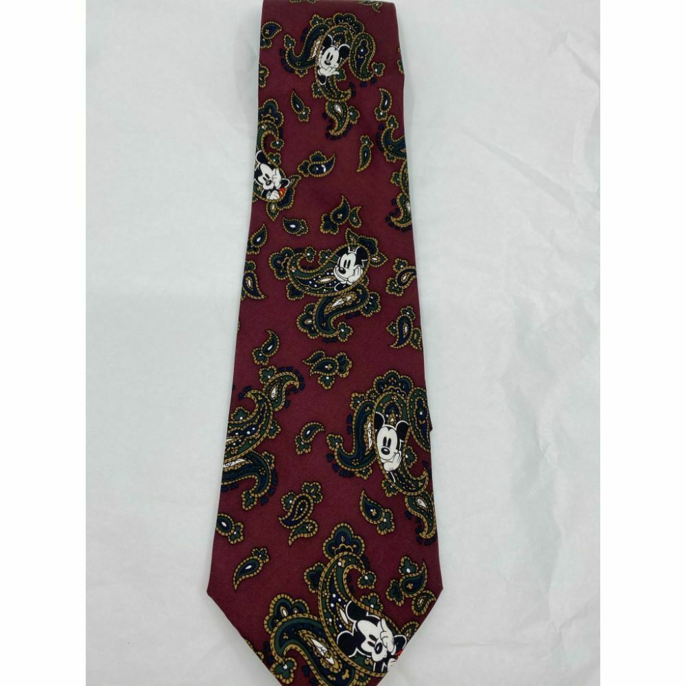 New! MICKEY MOUSE Disney Neck Tie Red Green Beige 100% Silk Handmade