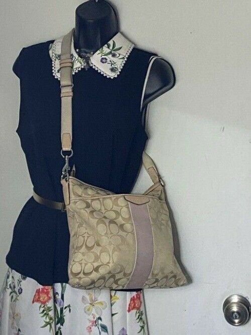 coach medium size beige tan jacquard fabric cross body bag