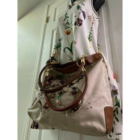 COACH Large Tan Brown Jacquard Fabric Tote Bag