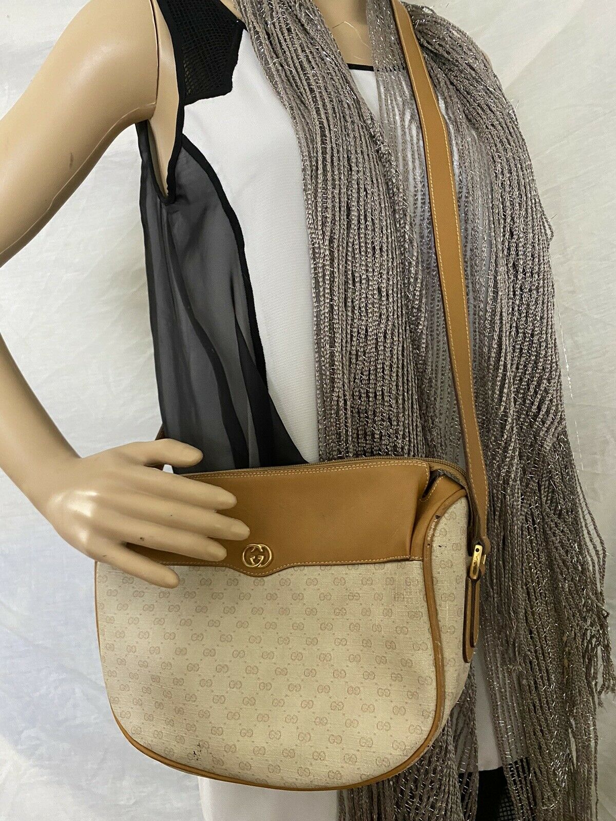 GUCCI Vintage Beige Coated Canvas/ Leather Crossbody