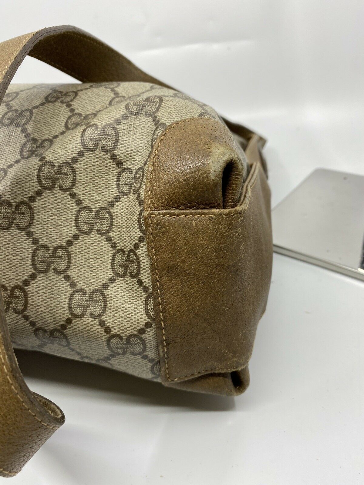 GUCCI Vintage Brown Coated Canvas/ Leather Shoulder Bag