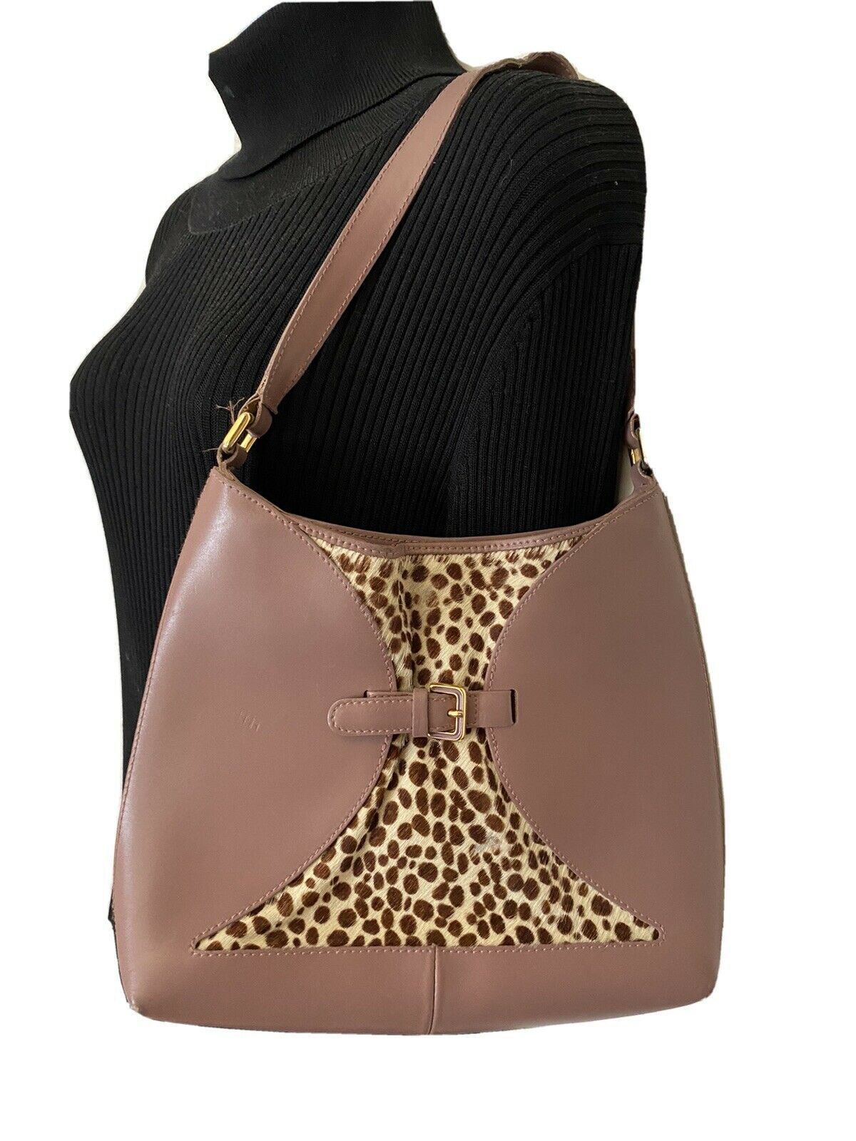 FURLA Pink Leather Animal Print Fur Contrast Handbag