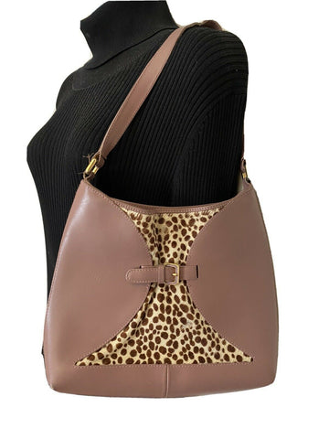 FURLA Pink Leather Animal Print Fur Contrast Handbag