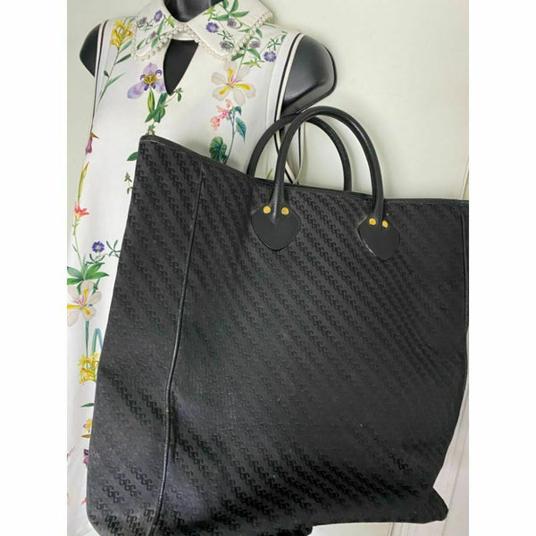 GUCCI XL Vintage Tote Bag Black Jacquard Fabric w/ Leather Trim