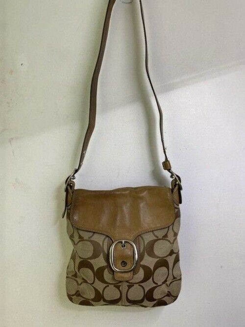 coach beige brown jacquard fabric cross body bag