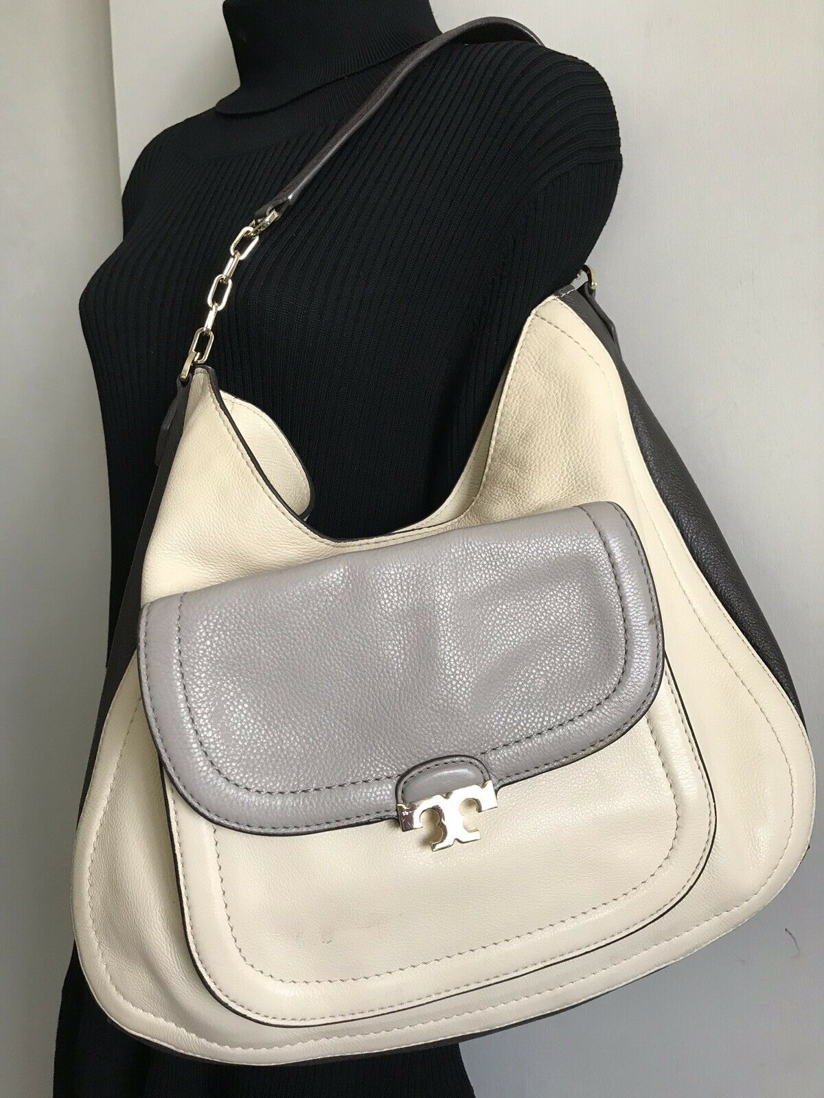 TORY BURCH Grey/ Beige Leather Hobo Bag