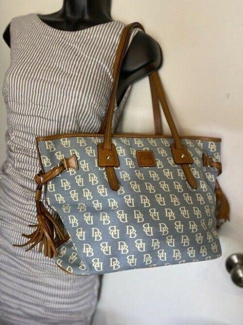 Dooney and bourke shopping large blue white brown fabric tote