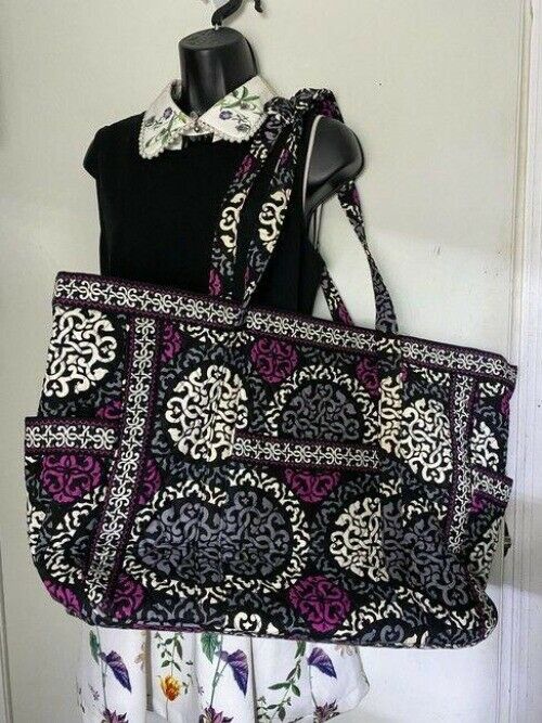vera bradley bag quilted black purple white fabric tote