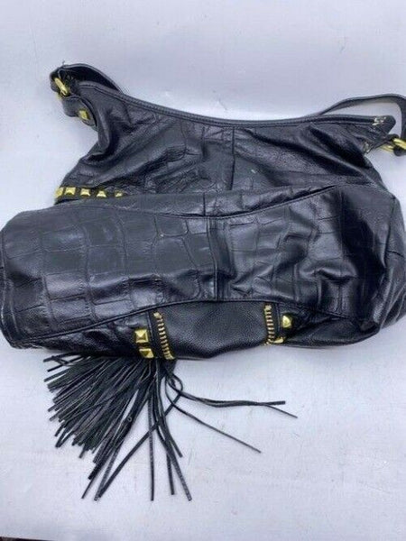 Betsey Johnson Large Studded Zippered Black Leather Shoulder Bag