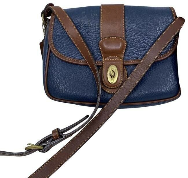 coach vintage w heart padlock silk tie navy leather cross body bag