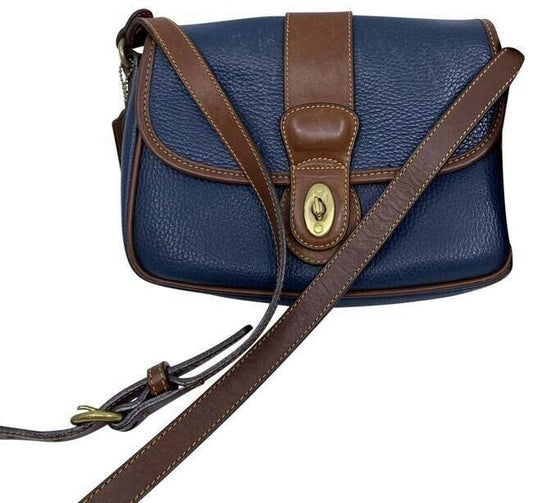 coach vintage w heart padlock silk tie navy leather cross body bag